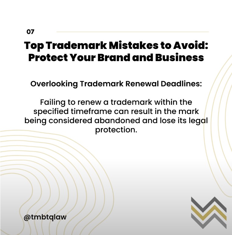 Top Trademark Mistakes image featuring TMBTQ Law, highlighting their website services and legal expertise.